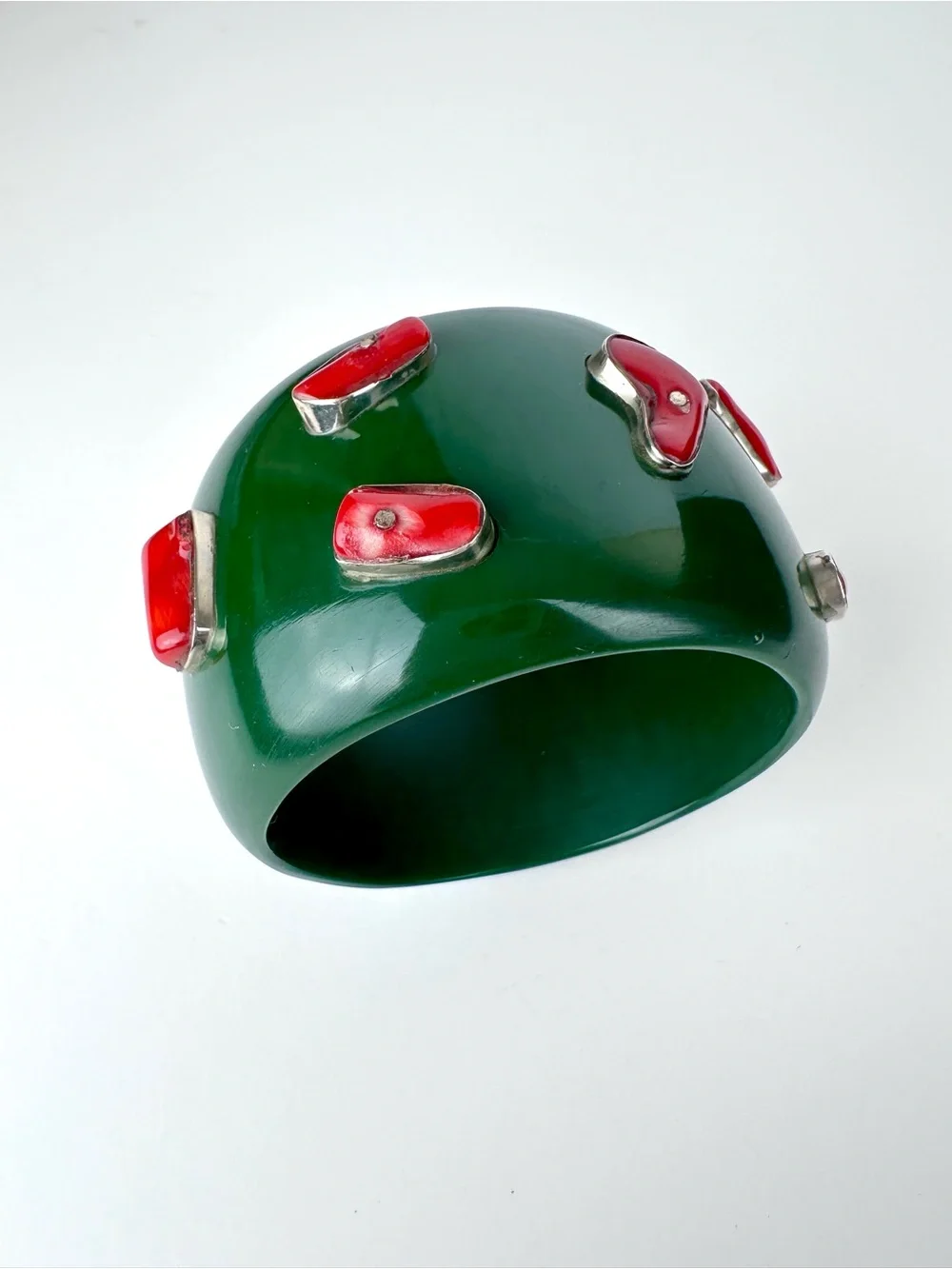 Massive Green Resin & Red Coral Sterling Silver Statement Cuff Bracelet - Picture 8 of 12